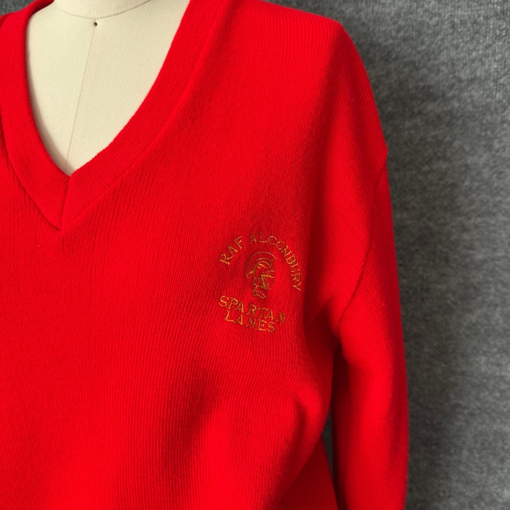 Vintage 60s 70s Bowling Sweater Unisex M Orange Spartan Lanes England V-Neck - Picture 6 of 12